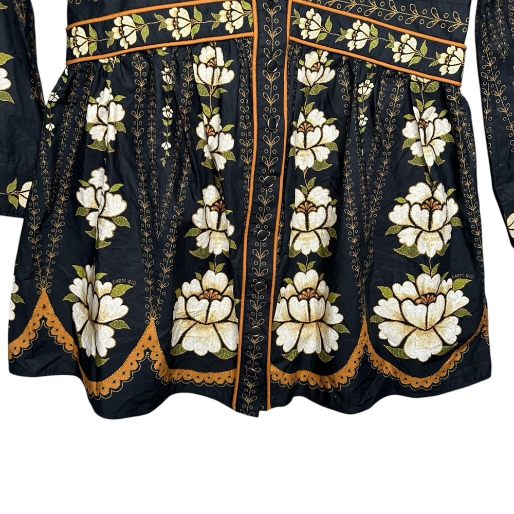 FARM Rio Black Bold Flowers Long Sleeve Organic Cotton Mini Dress. Sz: M - Picture 8 of 13